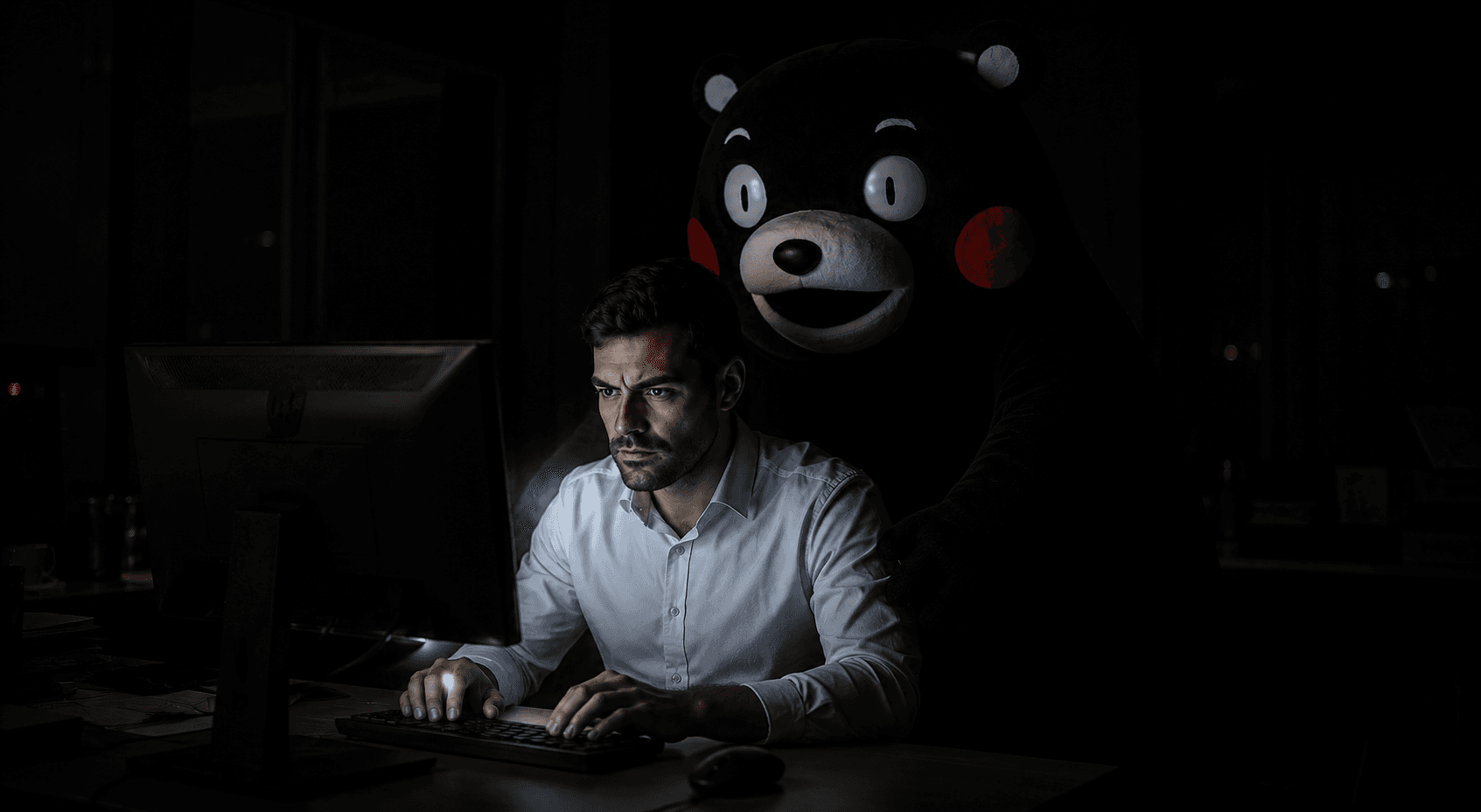 Kumamon observando a una persona frente a una computadora